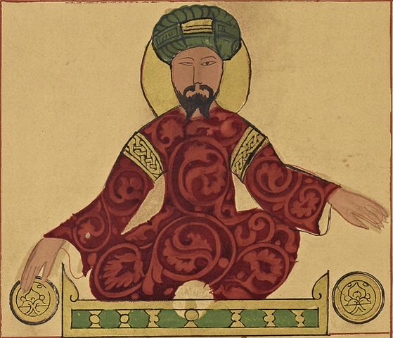 Portrait of Saladin in green turban and red robes seated cross-legged on a dias.