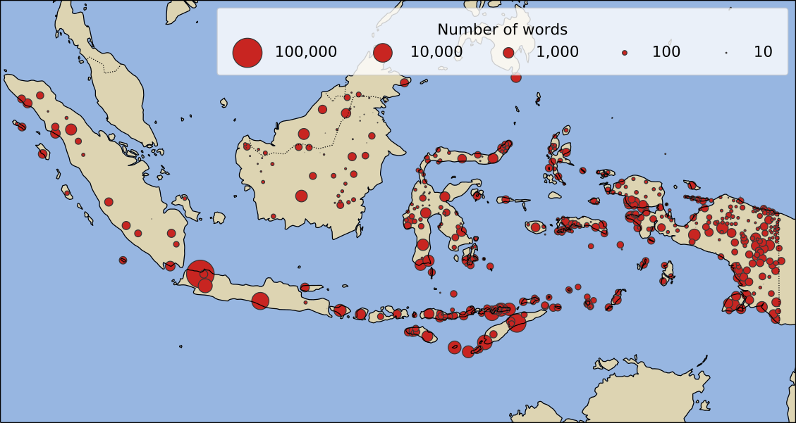 Red dots on map of Indonesia show location of Indonesian languages for which PanLex has data